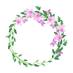 Round frame of flowers and leaves. Orchids. Botanical wreath on a white background for invitations, congratulations, cards, covers, posters, scrapbooking. Vector illustration