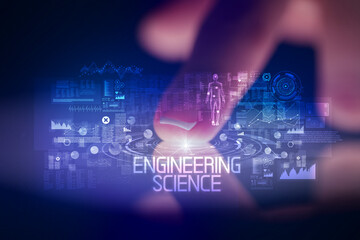 Finger touching tablet with web technology icons and ENGINEERING SCIENCE inscription