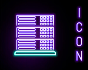Glowing neon line Server, Data, Web Hosting icon isolated on black background. Colorful outline concept. Vector.