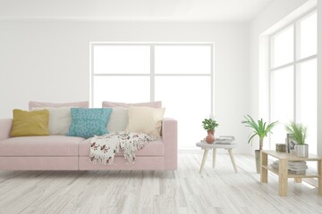 White living room with sofa. Scandinavian interior design. 3D illustration