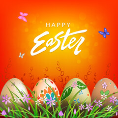 Easter orange design, patterned eggs are drawn in the grass