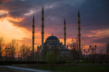 Akhmat Kadyrov Mosque in Grozny at sunset