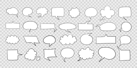 Speech bubbles. Hand drawn Icons. Collection of empty speech bubbles. Comic speech bubbles on transparent background. Retro empty comic bubble. Vector illustration