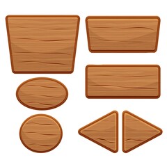 Wood button set in cartoon style with cracked details isolated on white background. Game assets, ui interface, menu. Collection of different shapes for application.