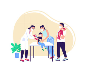 Vaccine injection for children flat concept vector illustration. Covid drug shot. Doctor appointment. Family in hospital 2D cartoon characters for web design. Vaccination creative idea