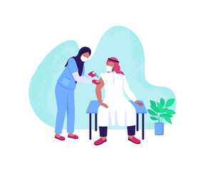 Vaccination process flat concept vector illustration. Injection with syringe. Influenza treatment. Arabian doctor and patient 2D cartoon characters for web design. Covid cure creative idea