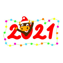 New year 2021 card with  cute bull or ox with colored lanterns. Happy New Year. Symbol of the year. All objects are isolated.