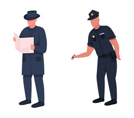 Police officer flat color vector faceless character set. Criminal finding process. Investigating evidence on crime place isolated cartoon illustration for web graphic design and animation