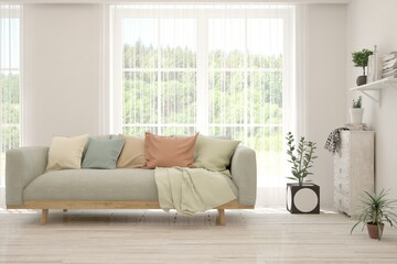 White living room with sofa and summer landscape in window. Scandinavian interior design. 3D illustration