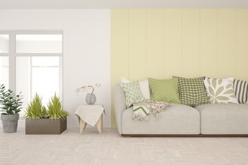 White living room with sofa. Scandinavian interior design. 3D illustration