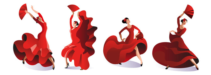 Four women in red dresses with fans dance flamenco. Vector illustration. - obrazy, fototapety, plakaty