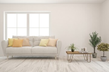 White living room with sofa. Scandinavian interior design. 3D illustration
