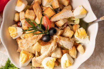 Homemade caesar salad. Overhead view