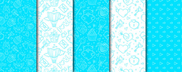 Set of blue seamless patterns with valentines day and love objects in doodle style
