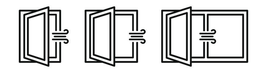 Set of open window with a stream of fresh air. Room ventilation  outline icons. Symbol prevention from coronavirus or covid19.