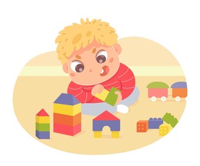Boy playing with building blocks at home. Little child with game details indoor vector illustration. Hapy kid playtime with cubes, trains and blocks elements on floor in room