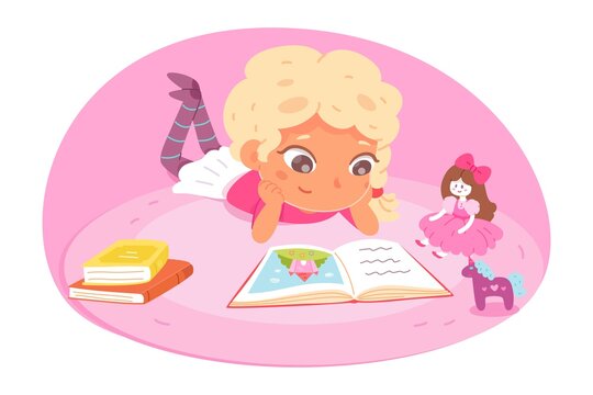 Little girl reading book at home. Happy clever child learning activity vector illustration. Kid lying on floor with books with picture, doll and toy. Bedroom interior background