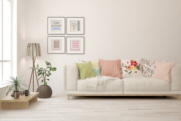 White living room with sofa. Scandinavian interior design. 3D illustration