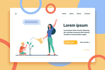 Mom and little son planting tree. Woman and boy watering sprout flat vector illustration. Spring, gardening, nature care concept for banner, website design or landing web page