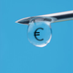 Covid-19 vaccine price syringe tip of a cannula with a drop of a liquid and euro sign