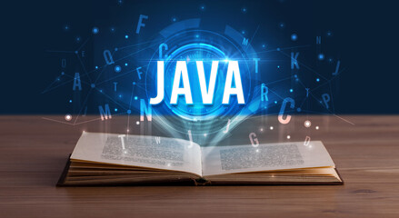 JAVA inscription coming out from an open book, digital technology concept