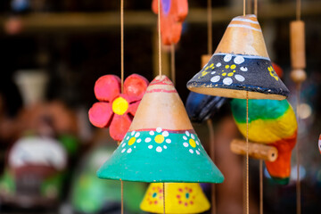 Beautiful handmade wind chimes made of clay at the small town of Raquira also known as The City of...