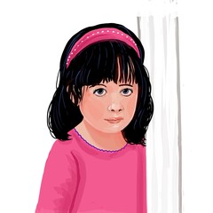 Cartoon illustration of a little girl dressed in pink with a matching headband leaning on a white pole on a white background.