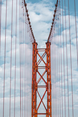 Red iron bridge with sky stock image.