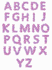English alphabet from letters composed of lilac flowers on a white background