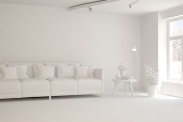 White minimalist living room with sofa. Scandinavian interior design. 3D illustration