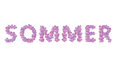 the word "summer" on a white background from letters composed of lilac flowers