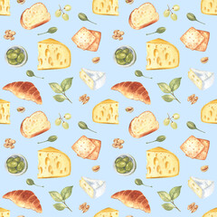 Cheese and snacks collection on blue background. Seamless pattern. Watercolor illustration. Perfect for kitchen and dining decor, fabric, menu design, wrapping paper and more.
