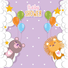 Baby shower, cute lion and bear with balloons and clouds