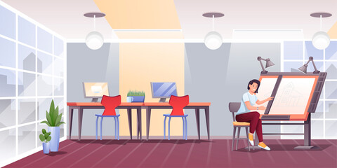 Woman working in design office. Business workplace interior vector illustration. Young girl doing creative work in room. Graphic workstation, computer monitors on desks with chairs