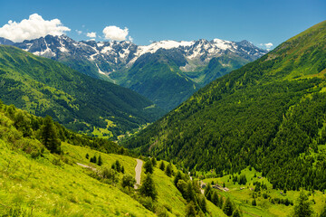 Naklejka na ściany i meble Passo Gavia, mountain pass in Lombardy, Italy, to Val Camonica at summer