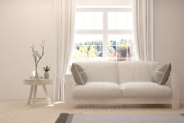 Fototapeta premium White living room with sofa. Scandinavian interior design. 3D illustration