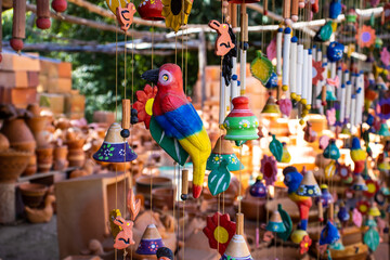 Beautiful handmade wind chimes made of clay at the small town of Raquira also known as The City of...