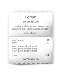 Receipt, paper bill, shop and supermarket check vector template. Realistic list of purchases with prices, taxes, payment with money on white background. Finance transactions