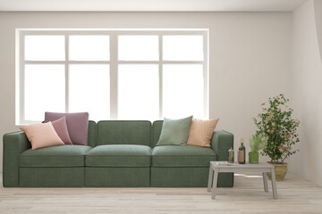 White living room with sofa. Scandinavian interior design. 3D illustration