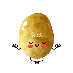 Potato with hand drawing graphic elements. Happy cute potato meditate in yoga pose. Cartoon character illustration design. Isolated on white background
