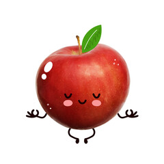 Cute happy apple meditate in lotus yoga pose. Cartoon character illustration design with hand drawing graphic elements. Isolated on white background. Apple relax concept
