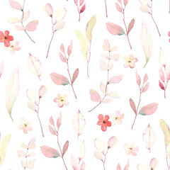 Floral seamless pattern with tender pink branches and flowers, watercolor illustration on white background.