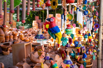 Beautiful handmade wind chimes made of clay at the small town of Raquira also known as The City of Pots in Colombia
