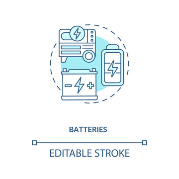 Storing Energy On Large Scale For Distribution Concept Icon. Converting Chemical Energy Into Electricity Idea Thin Line Illustration. Vector Isolated Outline RGB Color Drawing. Editable Stroke