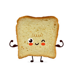 Cute happy bread slice show muscle. Cartoon character illustration design with hand drawing graphic elements. Isolated on white background. Bread, toast concept
