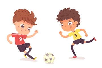 Boys playing football together. Two happy little kids playing sport in uniforms vector illustration. Smiling children kicking ball by foot between them on white background