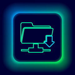 Glowing neon line FTP folder download icon isolated on black background. Software update, transfer protocol, router, teamwork tool management, copy process. Colorful outline concept. Vector.