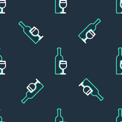 Line Wine bottle with wine glass icon isolated seamless pattern on black background. Vector.