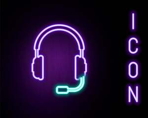 Glowing neon line Headphones with microphone icon isolated on black background. Concept object for listening to music, service, communication and operator. Colorful outline concept. Vector.