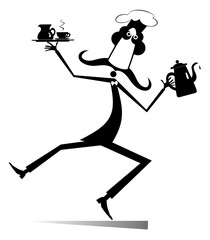 Mustache comic cook isolated illustration. Mustache cook carries a tray with coffee or tea cup and cream in one hand and a tea or coffee pot in another black on white illustration 